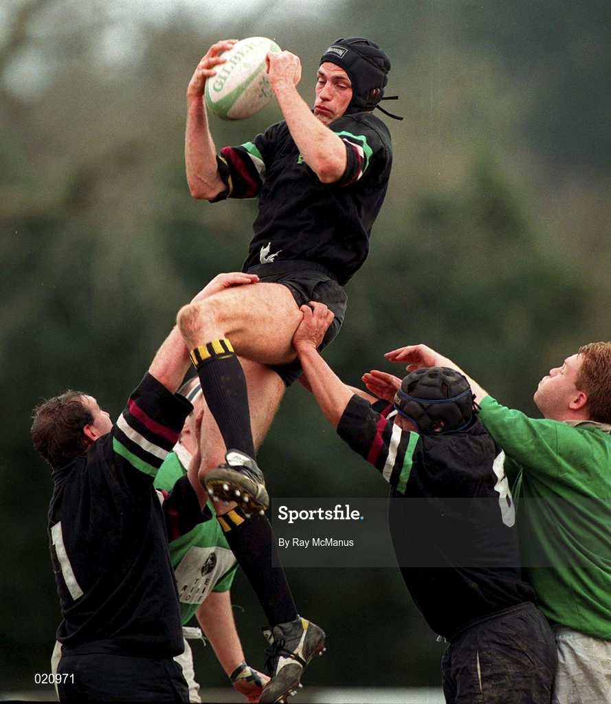 27 March 1999; Kenny Wheelock of De La Salle Palmerstown wins a lineout during the AIB All-Ireland League Division 2 match between De La Salle Palmerstown RFC v City of Derry RFC at Kirwan Park in Kiltiernan, Dublin. Photo by Ray McManus/Sportsfile