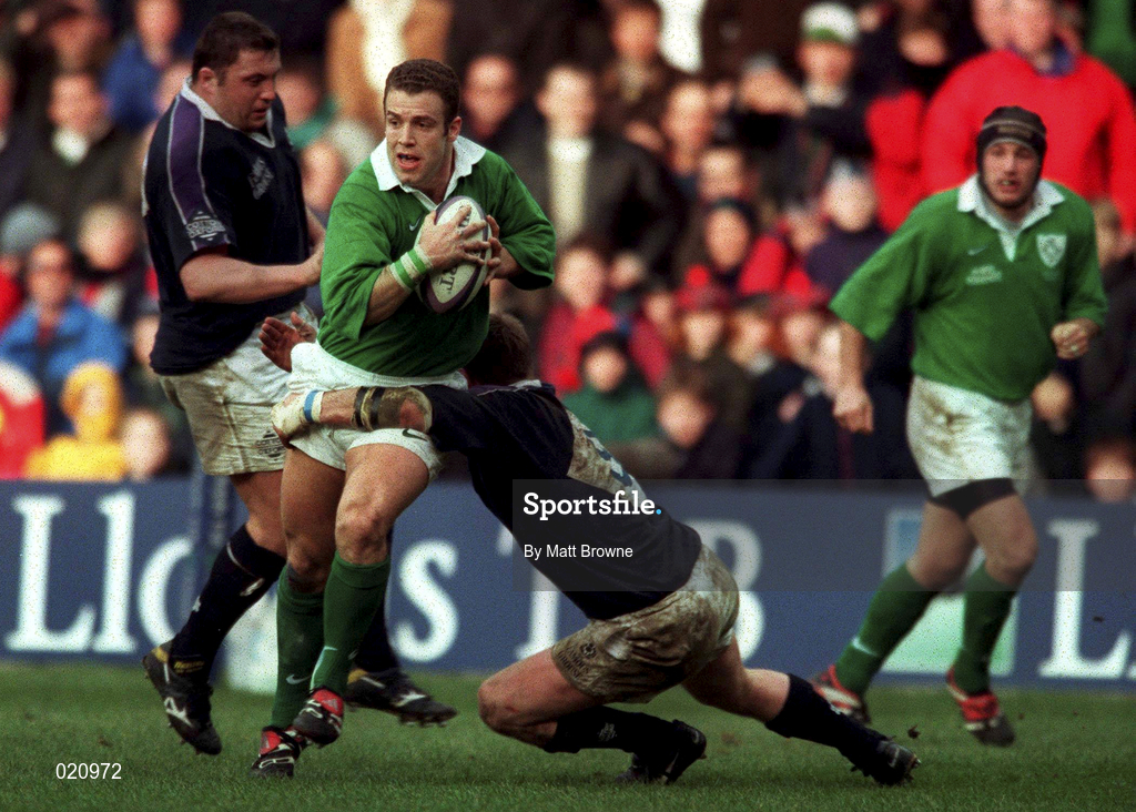 20 March 1999; Kevin Maggs of Ireland is tackled by Gary Armstrong of Scotland during the Five Nations Rugby Championship match between Scotland and Ireland in Murrayfield Stadium in Edinburgh, Scotland. Photo by Matt Browne/Sportsfile