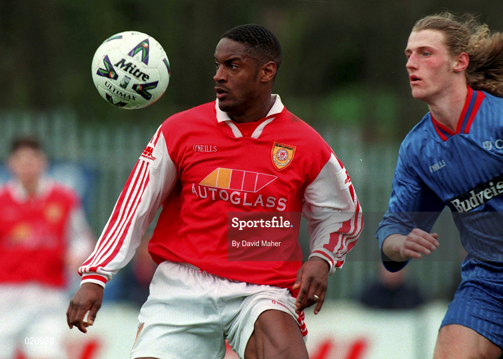 21 March 1999; Leon Braithwaite of St Patrick's Athletic in action against Robert Dunne of UCD during the Harp Lager National League Premier Division match between St Patrick's Athletic and UCD at Richmond Park in Dublin. Photo by David Maher/Sportsfile