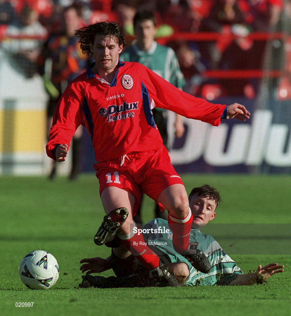 2 April 1999; Liam Kelly of Shelbourne is tackled by Pat O'Brien of Bray Wanderers during the FAI Cup semi-final between Shelbourne and Bray Wanderers at Tolka Park in Dublin. Photo by Ray McManus/Sportsfile