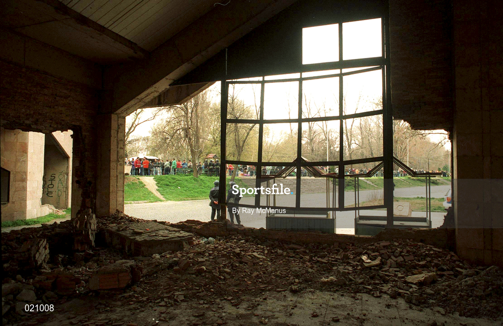 2 April 1997; Rubble is seen under the stand prior to the FIFA World Cup 1998 Group 8 Qualifier match between FYR Macedonia and Republic of Ireland at the City Stadium in Skopje, FYR Macedonia. Photo by Ray McManus/Sportsfile