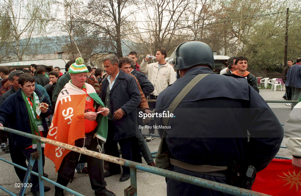 2 April 1997; Republic of Ireland supporters arrive at ticket checkpoints prior to the FIFA World Cup 1998 Group 8 Qualifier match between FYR Macedonia and Republic of Ireland at the City Stadium in Skopje, FYR Macedonia. Photo by Ray McManus/Sportsfile