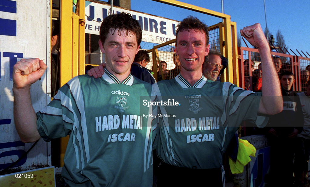 2 April 1999; Bray Wanderers goalscorers Colm Tresson, left, and Mick Doohan celebrate after the FAI Cup semi-final between Shelbourne and Bray Wanderers at Tolka Park in Dublin. Photo by Ray McManus/Sportsfile