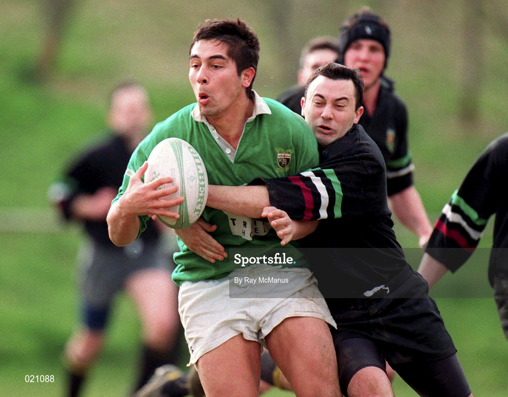 27 March 1999; Mike Tamati of City of Derry is tackled by Niall O'Riordan of De La Salle Palmerstown during the AIB All-Ireland League Division 2 match between De La Salle Palmerstown RFC v City of Derry RFC at Kirwan Park in Kiltiernan, Dublin. Photo by Ray McManus/Sportsfile