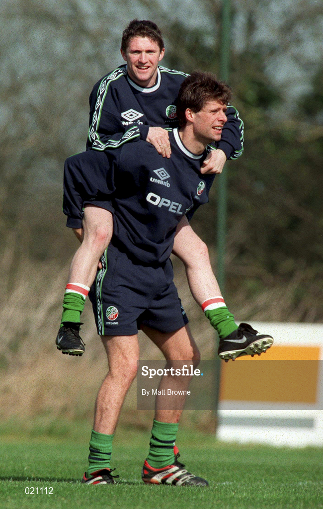 23 March 1999; Niall Quinn carries Robbie Keane during Republic of Ireland Squad Training at the AUL Grounds in Clonshaugh, Dublin. Photo by Matt Browne/Sportsfile
