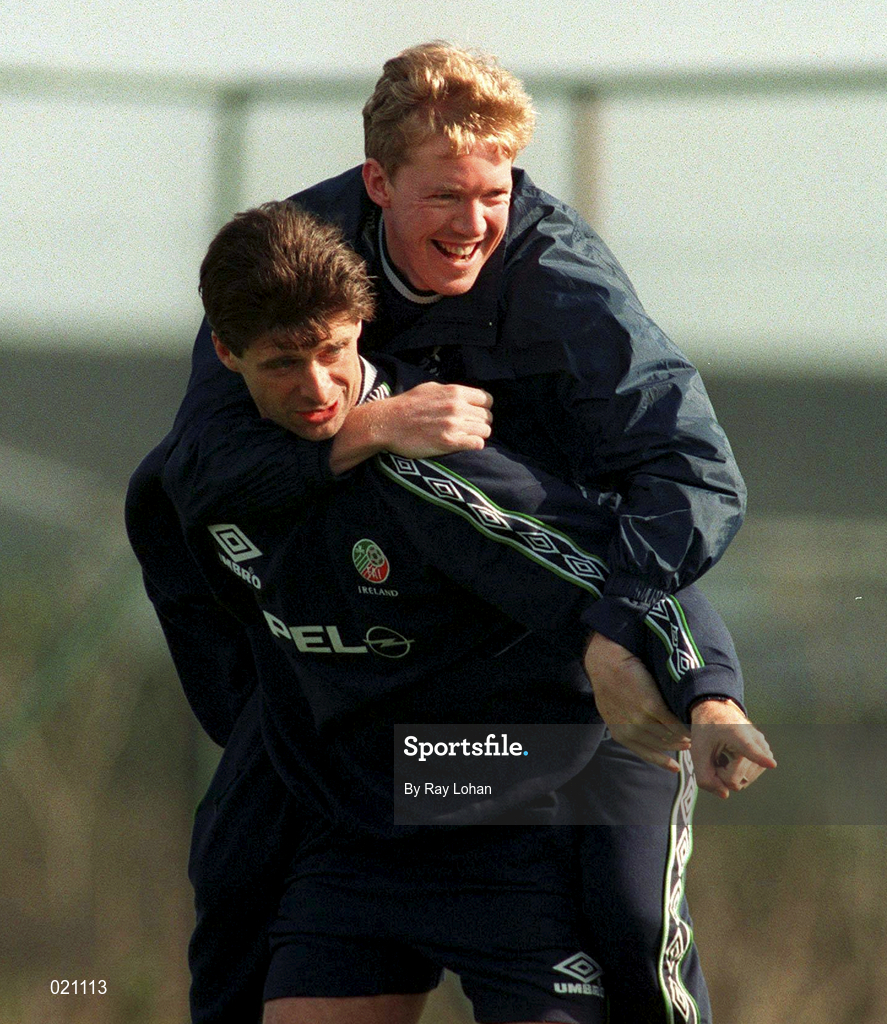 23 March 1999; Niall Quinn carries Steve Staunton during Republic of Ireland Squad Training at the AUL Grounds in Clonshaugh, Dublin. Photo by Ray Lohan/Sportsfile