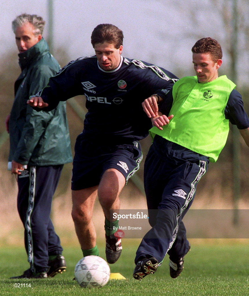 23 March 1999; Niall Quinn is tackled by Mark Kinsella during Republic of Ireland Squad Training at the AUL Grounds in Clonshaugh, Dublin. Photo by Matt Browne/Sportsfile