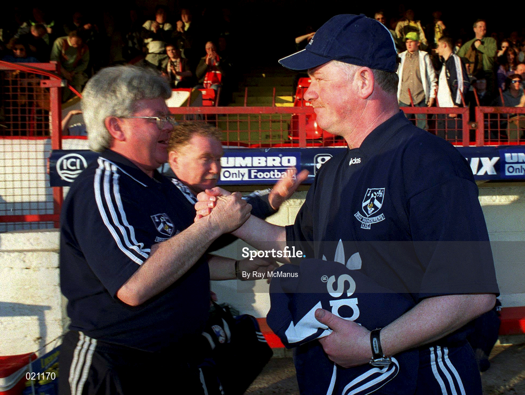 2 April 1999; Bray Wanderers manager Pat Devlin, right, celebrates after the FAI Cup semi-final between Shelbourne and Bray Wanderers at Tolka Park in Dublin. Photo by Ray McManus/Sportsfile