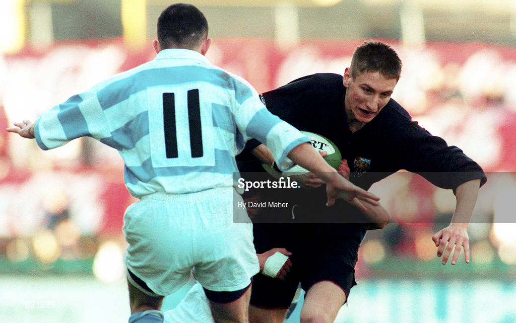 7 March 1999; Redmond Barry of Cistercian College Roscrea is tackled by Alex Cahill of Blackrock College during the Coca Cola Leinster Schools Senior Cup Final between Blackrock College and Cistercian College Roscrea at Lansdowne Road in Dublin. Photo by David Maher/Sportsfile