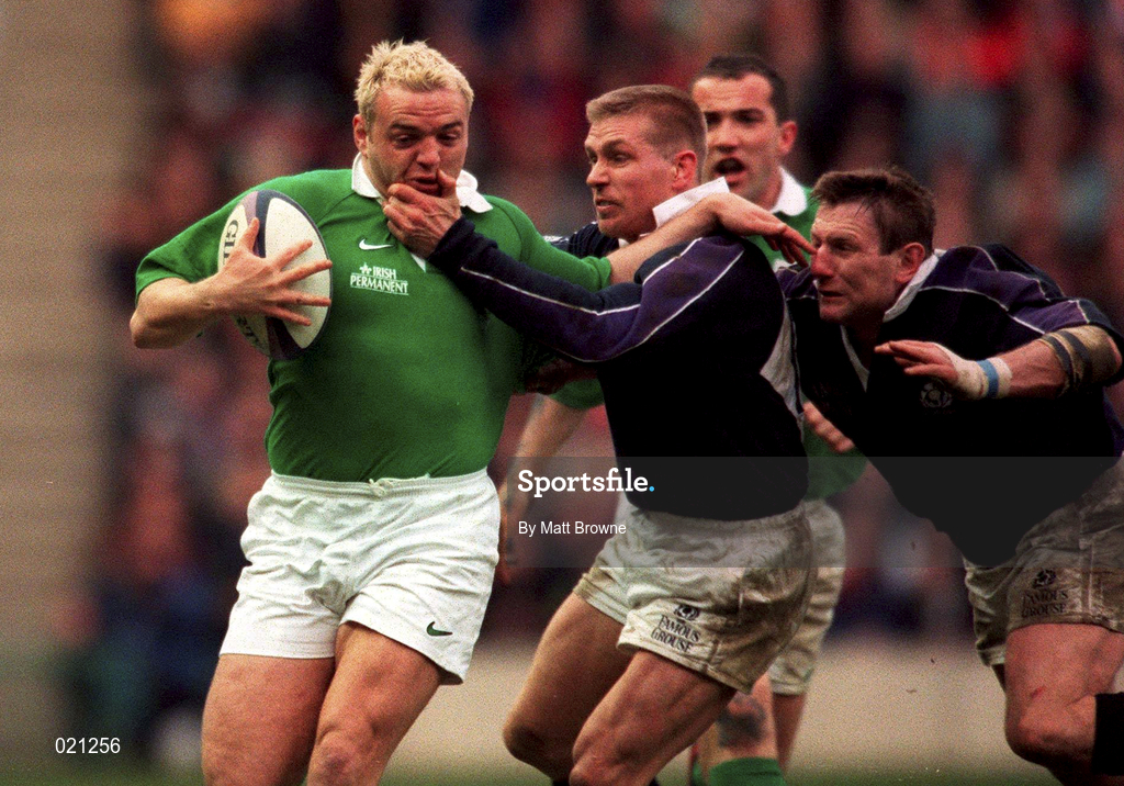 20 March 1999; Rob Henderson of Ireland is tackled by Glenn Metcalfe and Gary Anderson, right, of Scotland during the Five Nations Rugby Championship match between Scotland and Ireland in Murrayfield Stadium in Edinburgh, Scotland. Photo by Matt Browne/Sportsfile