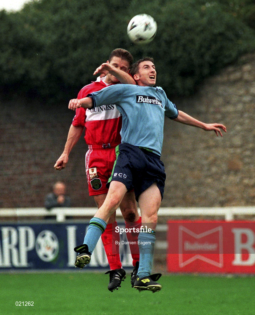 27 September 1998; Robert Dunne of UCD in action against Declan Daly of Cork City during the Harp Lager National League Premier Division match between UCD and Cork City at Belfield Park in Dublin. Photo by Damien Eagers/Sportsfile
