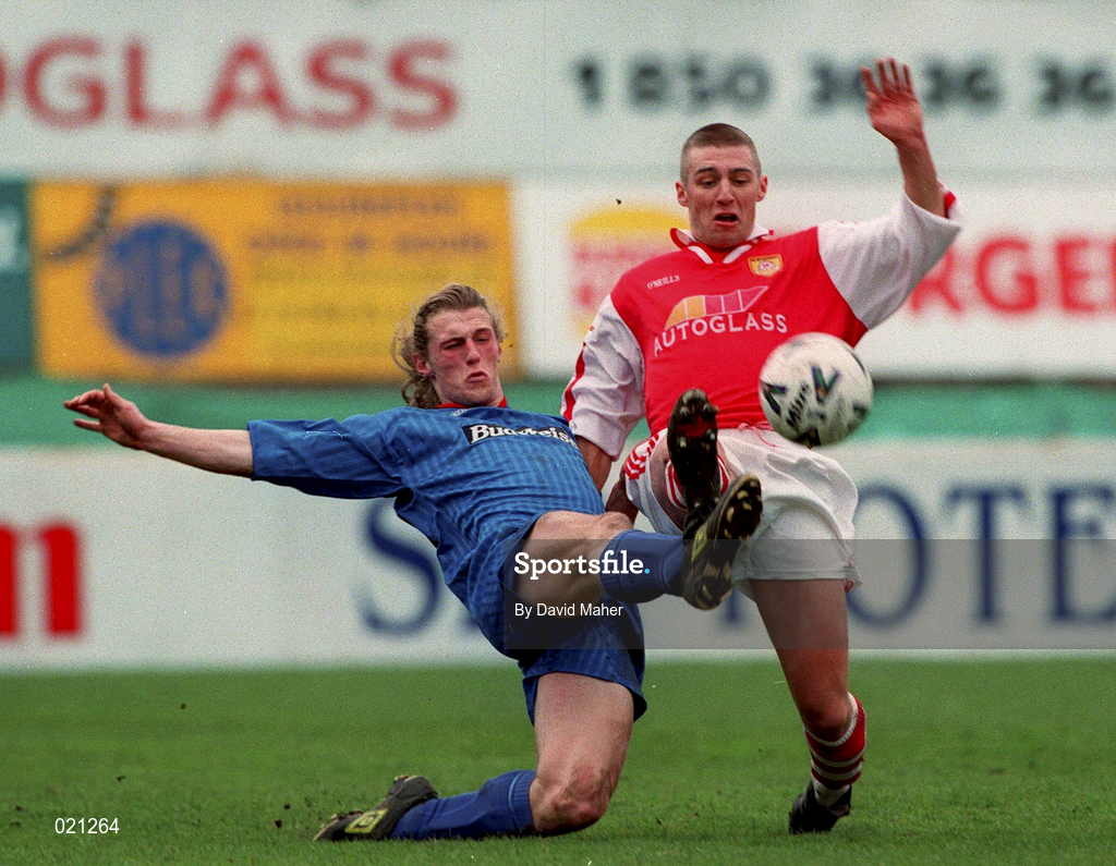 21 March 1999; Robert Dunne of UCD in action against Trevor Croly of St Patrick's Athletic during the Harp Lager National League Premier Division match between St Patrick's Athletic and UCD at Richmond Park in Dublin. Photo by David Maher/Sportsfile