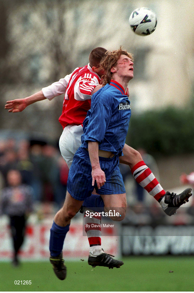 21 March 1999; Robert Dunne of UCD in action against Trevor Croly of St Patrick's Athletic during the Harp Lager National League Premier Division match between St Patrick's Athletic and UCD at Richmond Park in Dublin. Photo by David Maher/Sportsfile