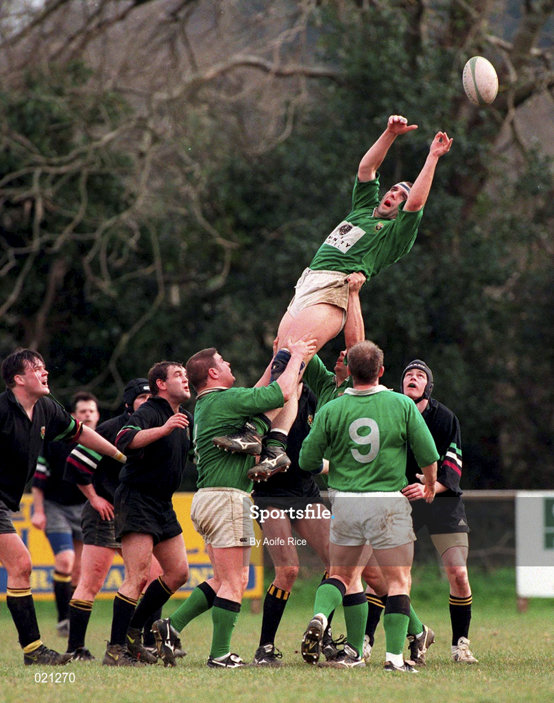 27 March 1999; Roger Roulston of City of Derry wins a lineout during the AIB All-Ireland League Division 2 match between De La Salle Palmerstown RFC v City of Derry RFC at Kirwan Park in Kiltiernan, Dublin. Photo by Aoife Rice/Sportsfile