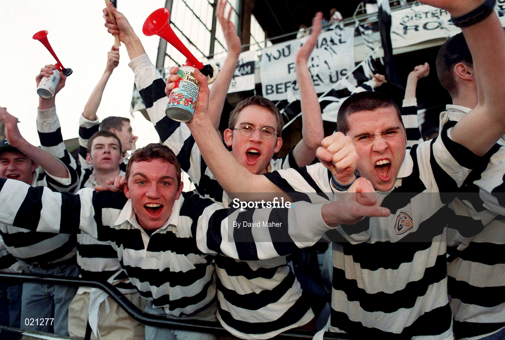 7 March 1999; Cistercian College Roscrea supporters cheer on their side during the Coca Cola Leinster Schools Senior Cup Final between Blackrock College and Cistercian College Roscrea at Lansdowne Road in Dublin. Photo by David Maher/Sportsfile
