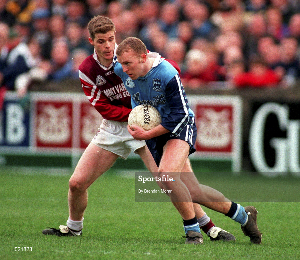 14 March 1999; Shane Ryan of Dublin in action against Niall Finnegan of Galway during the Church and General National Football League Division 1 match between Dublin and Galway at Parnell Park in Dublin. Photo by Brendan Moran/Sportsfile