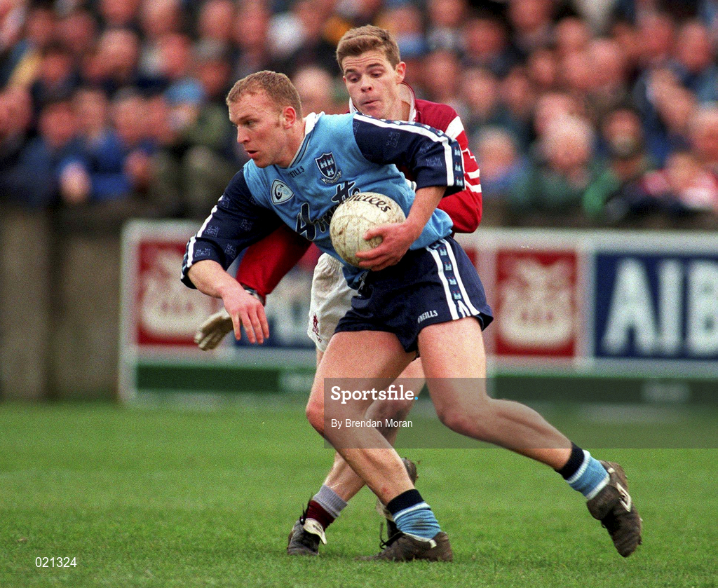 14 March 1999; Shane Ryan of Dublin in action against Niall Finnegan of Galway during the Church and General National Football League Division 1 match between Dublin and Galway at Parnell Park in Dublin. Photo by Brendan Moran/Sportsfile