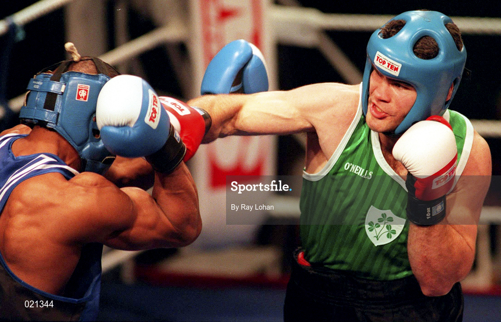 26 March 1999; Stephen Reynolds of Ireland, right, trades punches with Stanley McCann of USA during the International Boxing card between Ireland and USA at the National Stadium in Dublin. Photo by Ray Lohan/Sportsfile