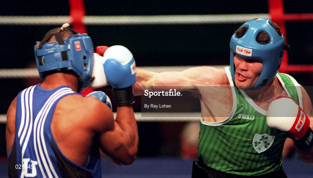 26 March 1999; Stephen Reynolds of Ireland, right, trades punches with Stanley McCann of USA during the International Boxing card between Ireland and USA at the National Stadium in Dublin. Photo by Ray Lohan/Sportsfile