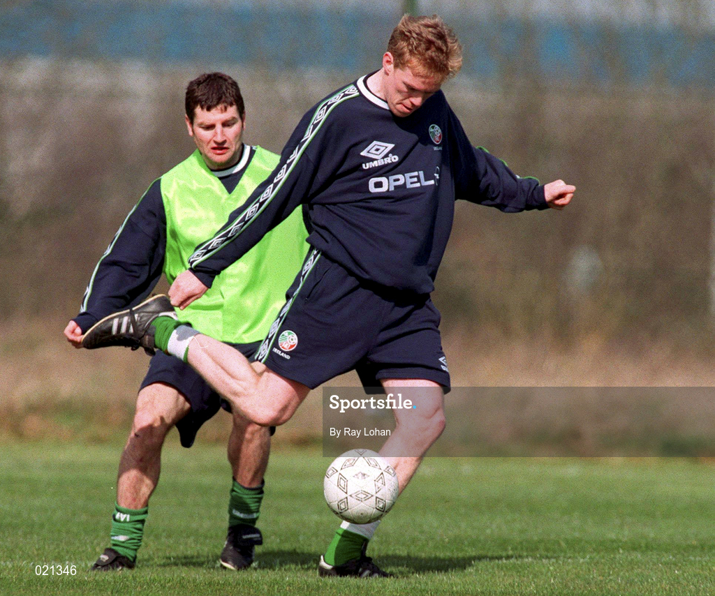23 March 1999; Steve Staunton and Denis Irwin during Republic of Ireland Squad Training at the AUL Grounds in Clonshaugh, Dublin. Photo by Ray Lohan/Sportsfile