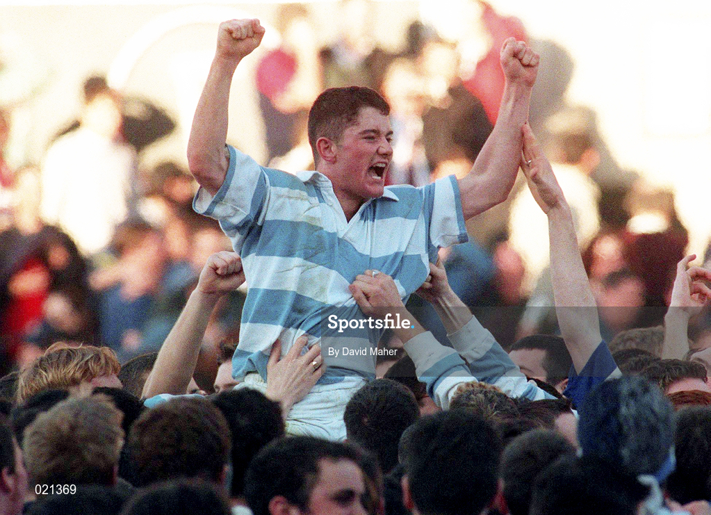 7 March 1999; Blackrock College captain Tom O'Donohue celebrates as he is lifted by his school mates after the Coca Cola Leinster Schools Senior Cup Final between Blackrock College and Cistercian College Roscrea at Lansdowne Road in Dublin. Photo by David Maher/Sportsfile