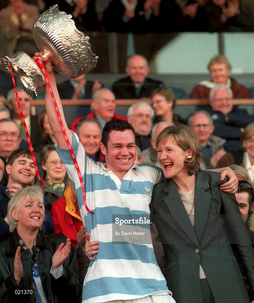 7 March 1999; Blackrock College captain Tom O'Donohue lifts the cup alongside his mother Mary after the Coca Cola Leinster Schools Senior Cup Final between Blackrock College and Cistercian College Roscrea at Lansdowne Road in Dublin. Photo by David Maher/Sportsfile