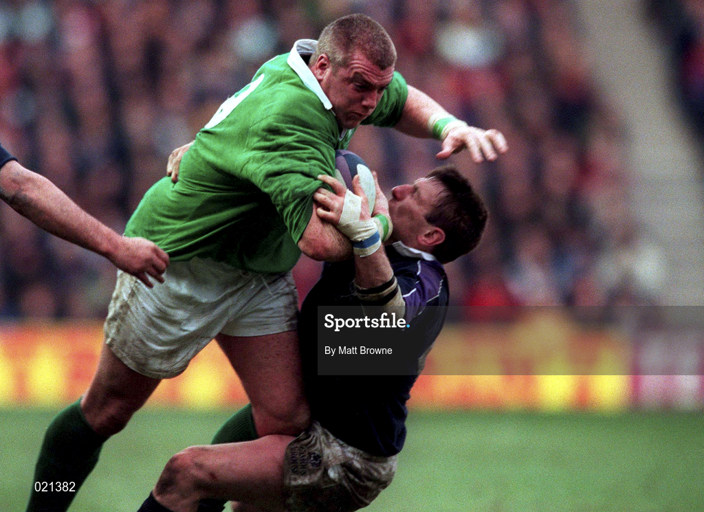 20 March 1999; Victor Costello of Ireland is tackled by Gary Armstrong of Scotland during the Five Nations Rugby Championship match between Scotland and Ireland in Murrayfield Stadium in Edinburgh, Scotland. Photo by Matt Browne/Sportsfile