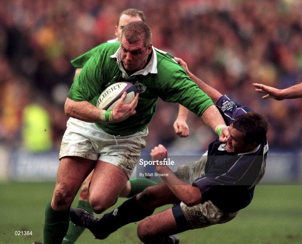 20 March 1999; Victor Costello of Ireland is tackled by Martin Leslie of Scotland during the Five Nations Rugby Championship match between Scotland and Ireland in Murrayfield Stadium in Edinburgh, Scotland. Photo by Matt Browne/Sportsfile