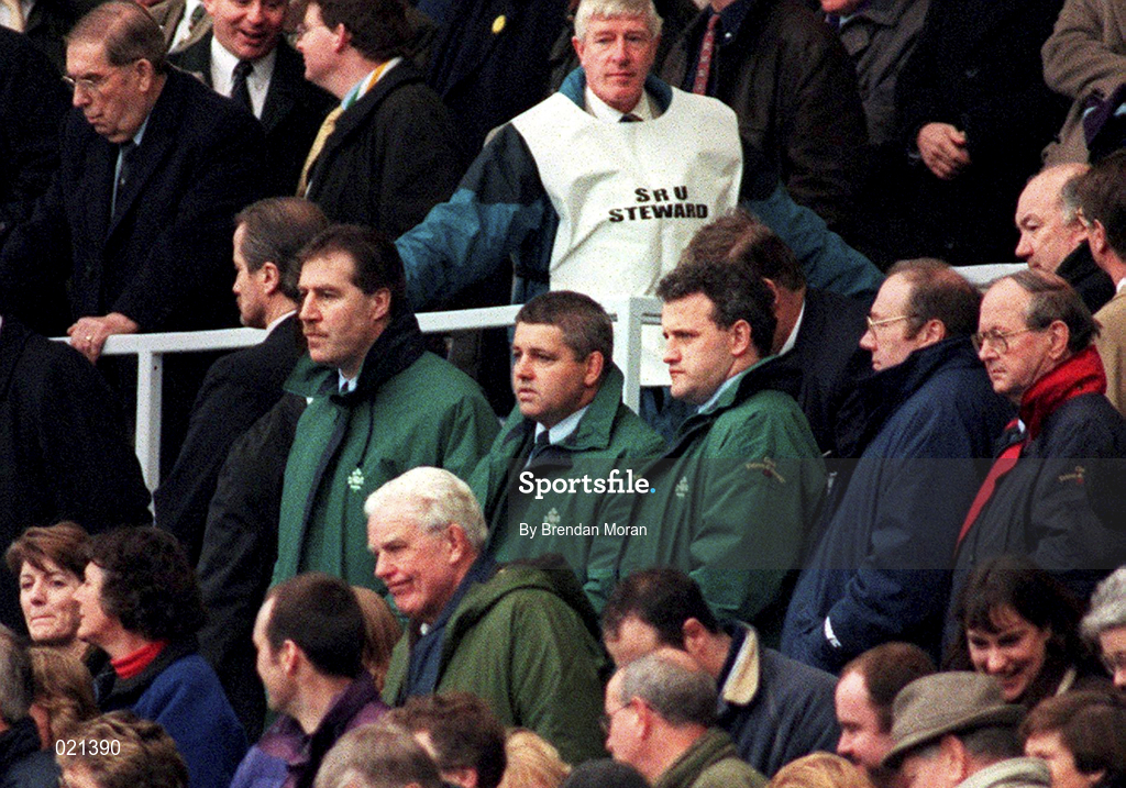 20 March 1999; Ireland head coach Warren Gatland, centre, with selectors Donal Lenihan, left, and Philip Danaher after the Five Nations Rugby Championship match between Scotland and Ireland in Murrayfield Stadium in Edinburgh, Scotland. Photo by Brendan Moran/Sportsfile