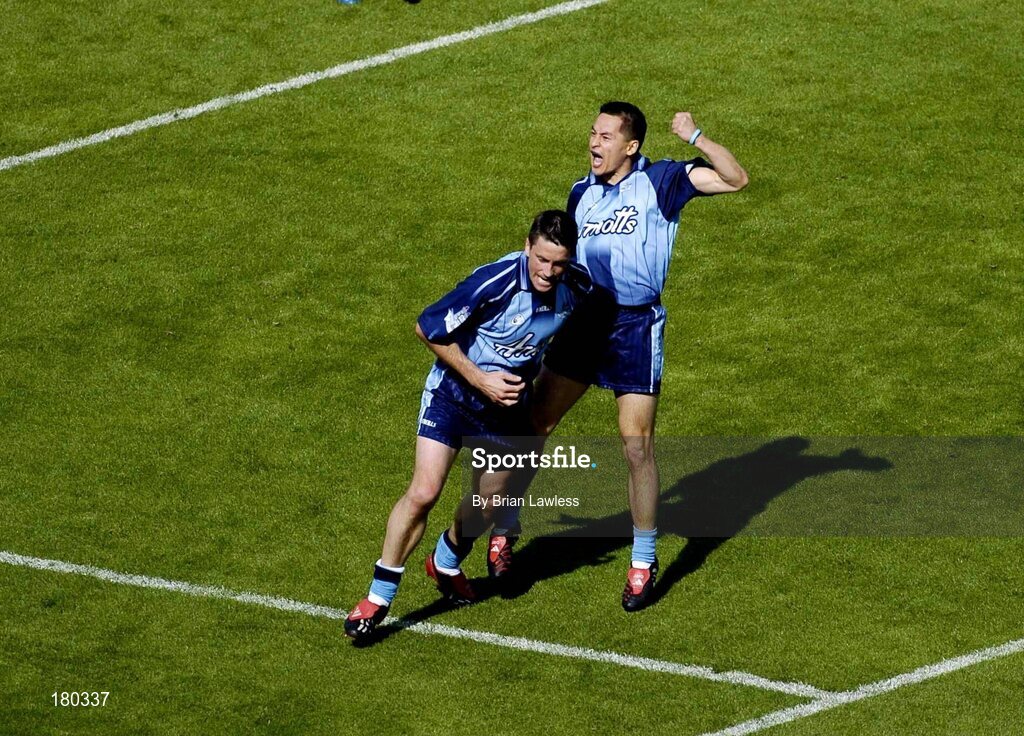 19 June 2005; Dublin's Jason Sherlock celebrates with team-mate Senan Connell, left, after scoring his sides goal. Bank of Ireland Leinster Senior Football Championship Semi-Final, Dublin v Wexford, Croke Park, Dublin. Picture credit; Brian Lawless / SPORTSFILE