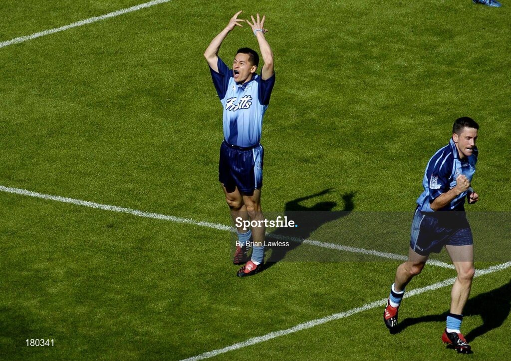 19 June 2005; Dublin's Jason Sherlock and team-mate Senan Connell, right, celebrate after Sherlock had scored his sides goal. Bank of Ireland Leinster Senior Football Championship Semi-Final, Dublin v Wexford, Croke Park, Dublin. Picture credit; Brian Lawless / SPORTSFILE