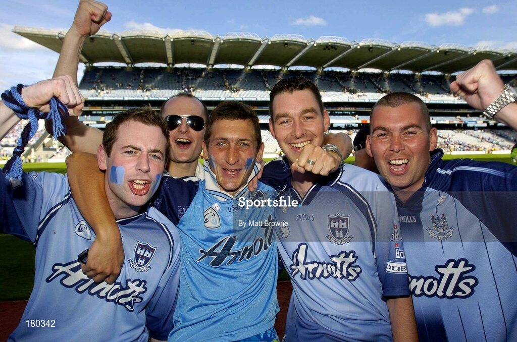 19 June 2005; Dublin fans from left Timmy Shields, David Mahon, Sean O'Rourke, Dave Kelly and Mark Kelly celebrate after the win against Wexford. Bank of Ireland Leinster Senior Football Championship Semi-Final, Dublin v Wexford, Croke Park, Dublin. Picture credit; Matt Browne / SPORTSFILE