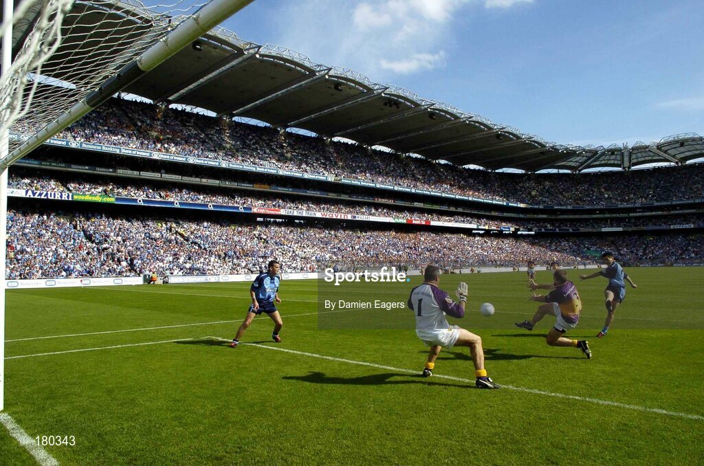 19 June 2005; Jason Sherlock, Dublin, scores a goal past Wexford goalkeeper John Cooper. Bank of Ireland Leinster Senior Football Championship Semi-Final, Dublin v Wexford, Croke Park, Dublin. Picture credit; Damien Eagers / SPORTSFILE