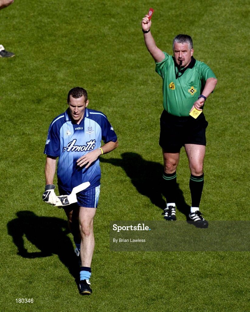 19 June 2005; Dublin's Ciaran Whelan is shown the red card by referee Brian Crowe. Bank of Ireland Leinster Senior Football Championship Semi-Final, Dublin v Wexford, Croke Park, Dublin. Picture credit; Brian Lawless / SPORTSFILE