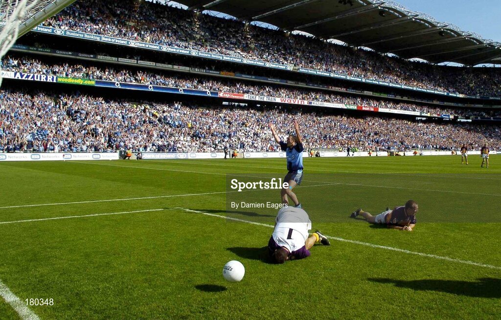 19 June 2005; Paul Casey, Dublin, celebrates Jason Sherlock's goal as Wexford goalkeeper John Cooper and team-mate Philip Wallace fall to the ground. Bank of Ireland Leinster Senior Football Championship Semi-Final, Dublin v Wexford, Croke Park, Dublin. Picture credit; Damien Eagers / SPORTSFILE