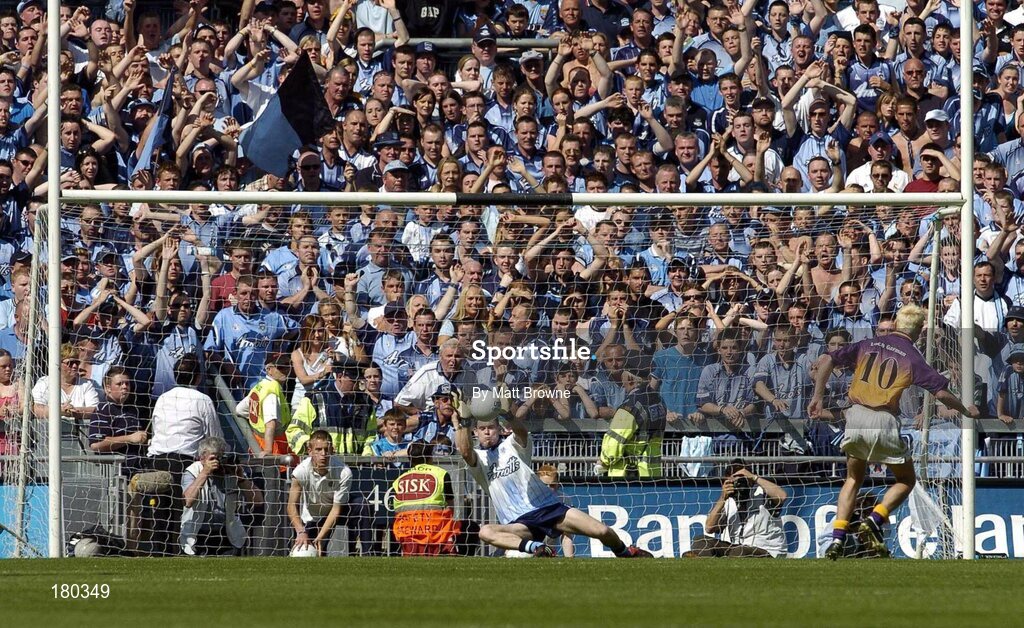 19 June 2005; Stephen Cluxton, Dublin goalkeeper, saves the penalty of Wexford's Redmond Barry, 10, as ballboy, and future Dublin player Jonny Cooper watches on. Bank of Ireland Leinster Senior Football Championship Semi-Final, Dublin v Wexford, Croke Park, Dublin. Picture credit; Matt Browne / SPORTSFILE
