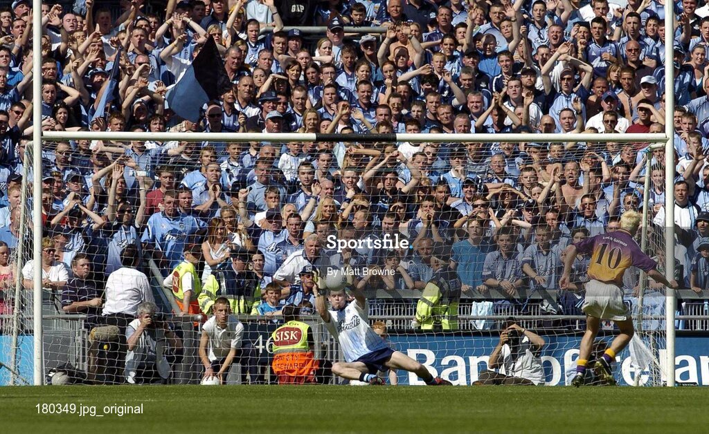 19 June 2005; Stephen Cluxton, Dublin goalkeeper, saves the penalty of Wexford's Redmond Barry, 10. Bank of Ireland Leinster Senior Football Championship Semi-Final, Dublin v Wexford, Croke Park, Dublin. Picture credit; Matt Browne / SPORTSFILE