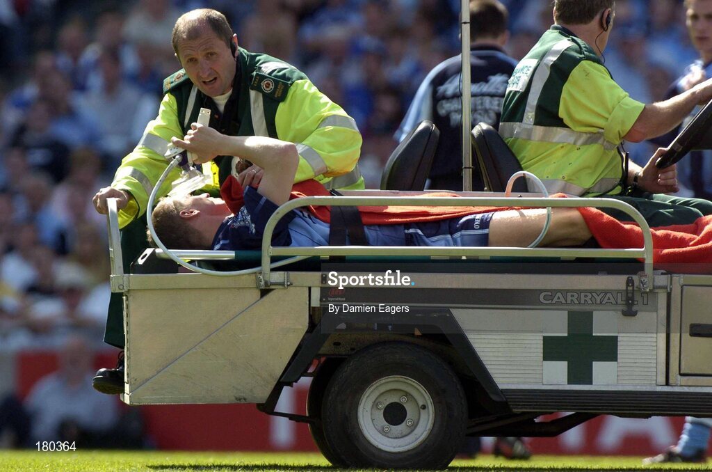 19 June 2005; Dublin's Stephen O'Shaughnessy is stretchered off the pitch. Bank of Ireland Leinster Senior Football Championship Semi-Final, Dublin v Wexford, Croke Park, Dublin. Picture credit; Damien Eagers / SPORTSFILE