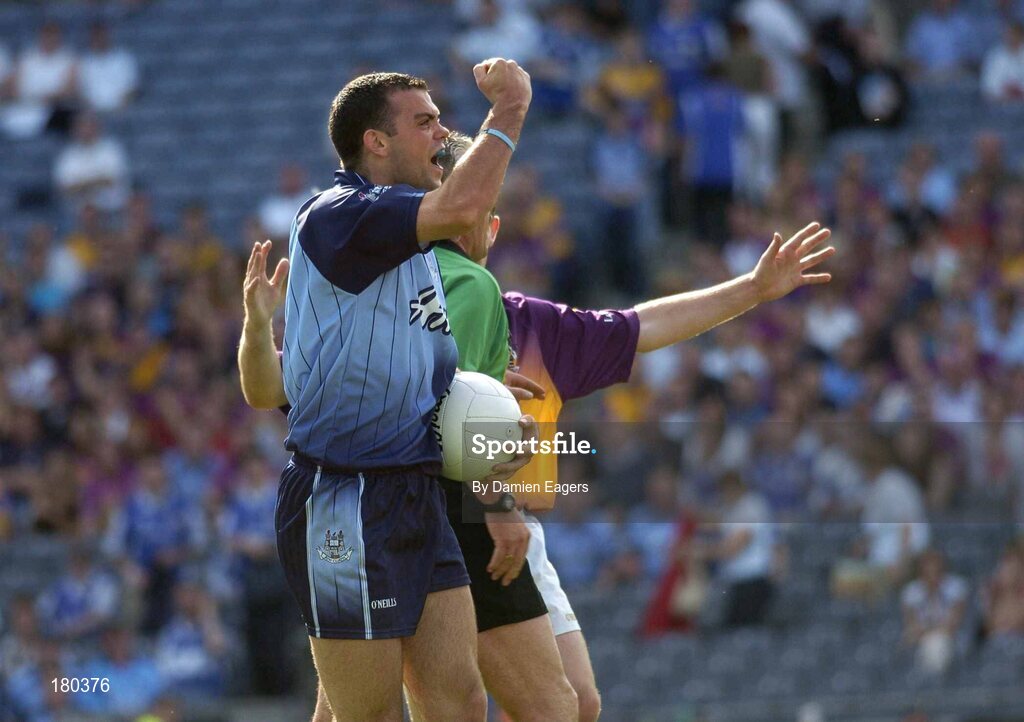 19 June 2005; Paul Casey, Dublin, puts his hand up to the Dublin supporters on Hill 16 after winning a late free. Bank of Ireland Leinster Senior Football Championship Semi-Final, Dublin v Wexford, Croke Park, Dublin. Picture credit; Damien Eagers / SPORTSFILE