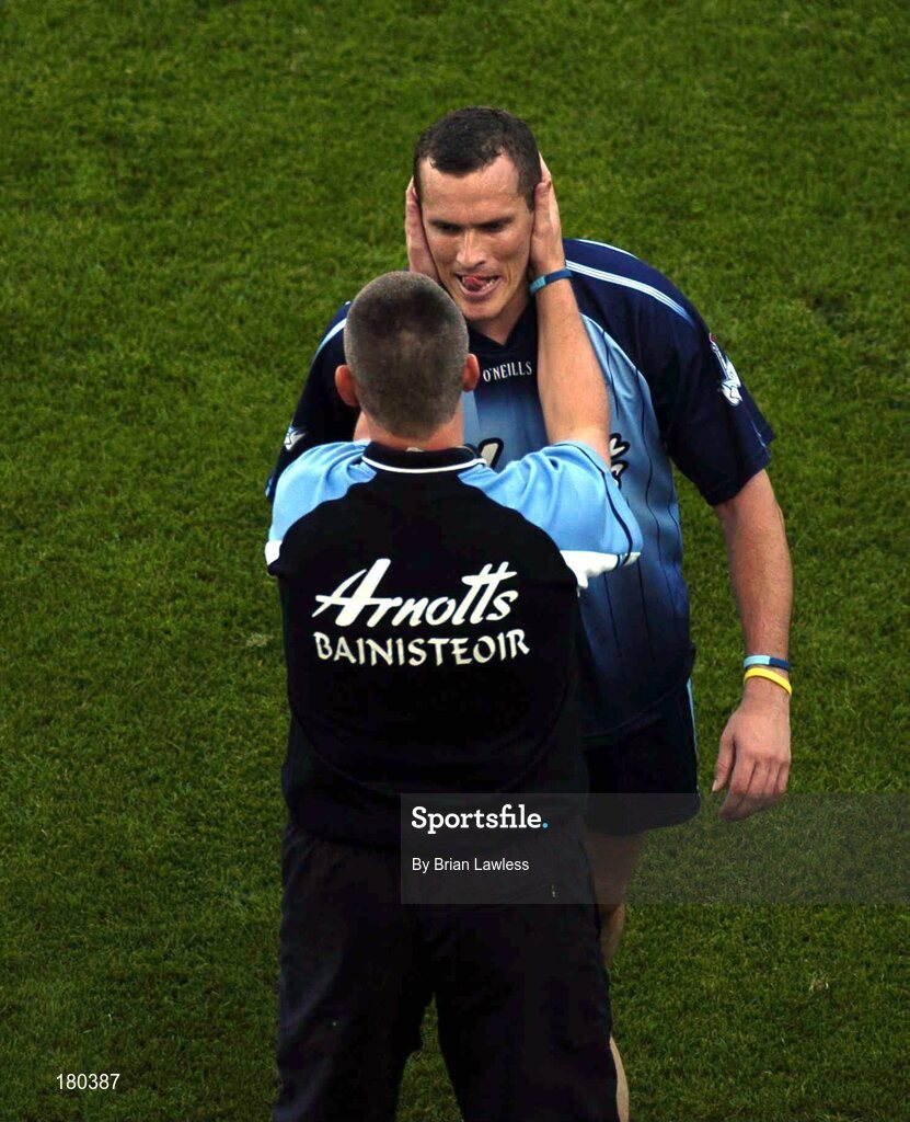 19 June 2005; Dublin manager Paul Caffrey greets Dublin's Ciaran Whelan as he leaves the field having been sent off. Bank of Ireland Leinster Senior Football Championship Semi-Final, Dublin v Wexford, Croke Park, Dublin. Picture credit; Brian Lawless / SPORTSFILE