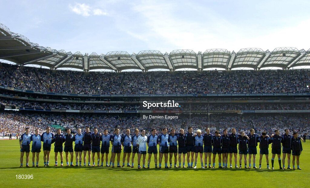 19 June 2005; The Dublin squad stand for the national anthem. Bank of Ireland Leinster Senior Football Championship Semi-Final, Dublin v Wexford, Croke Park, Dublin. Picture credit; Damien Eagers / SPORTSFILE