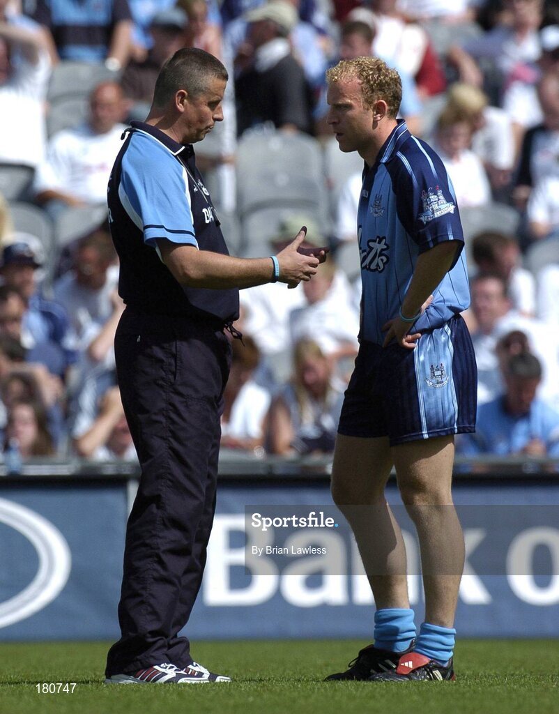 19 June 2005; Dublin manager Paul Caffrey talks to Shane Ryan before the match. Bank of Ireland Leinster Senior Football Championship Semi-Final, Dublin v Wexford, Croke Park, Dublin. Picture credit; Brian Lawless / SPORTSFILE