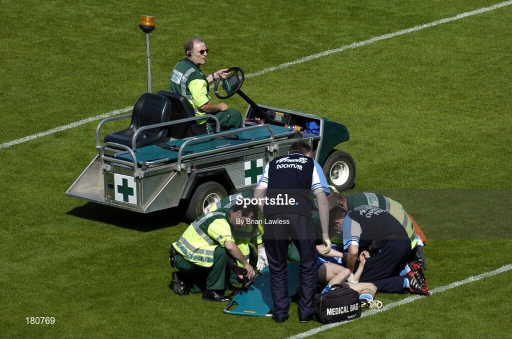 19 June 2005; Dublin's Stephen O'Shaughnessy is attended to before being stretchered off with a dislocated shoulder. Bank of Ireland Leinster Senior Football Championship Semi-Final, Dublin v Wexford, Croke Park, Dublin. Picture credit; Brian Lawless / SPORTSFILE