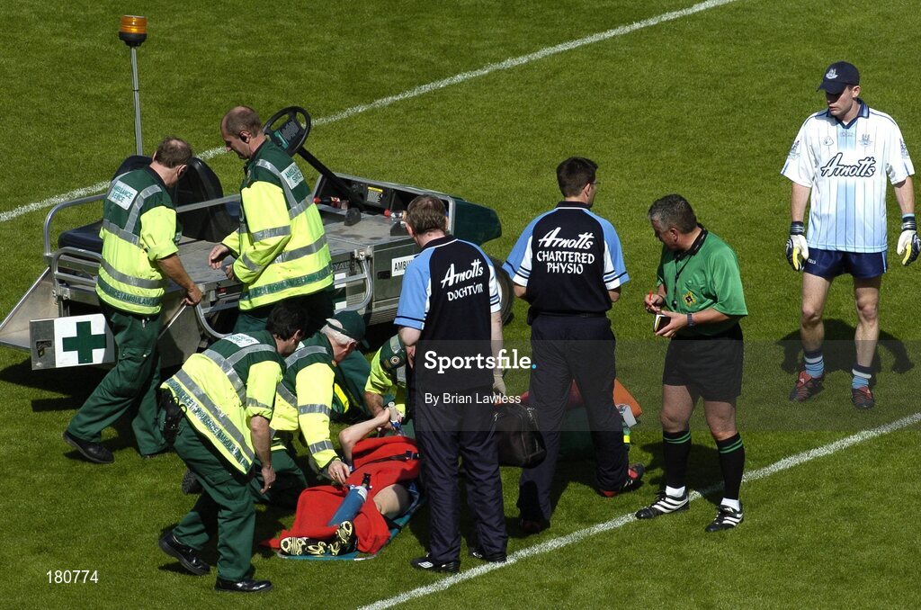 19 June 2005; Dublin's Stephen O'Shaughnessy is attended to before being stretchered off with a dislocated shoulder. Bank of Ireland Leinster Senior Football Championship Semi-Final, Dublin v Wexford, Croke Park, Dublin. Picture credit; Brian Lawless / SPORTSFILE
