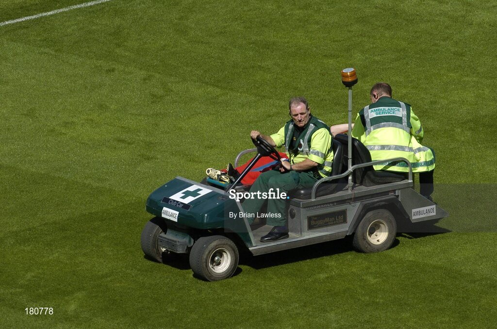 19 June 2005; Dublin's Stephen O'Shaughnessy is stretchered off with a dislocated shoulder. Bank of Ireland Leinster Senior Football Championship Semi-Final, Dublin v Wexford, Croke Park, Dublin. Picture credit; Brian Lawless / SPORTSFILE