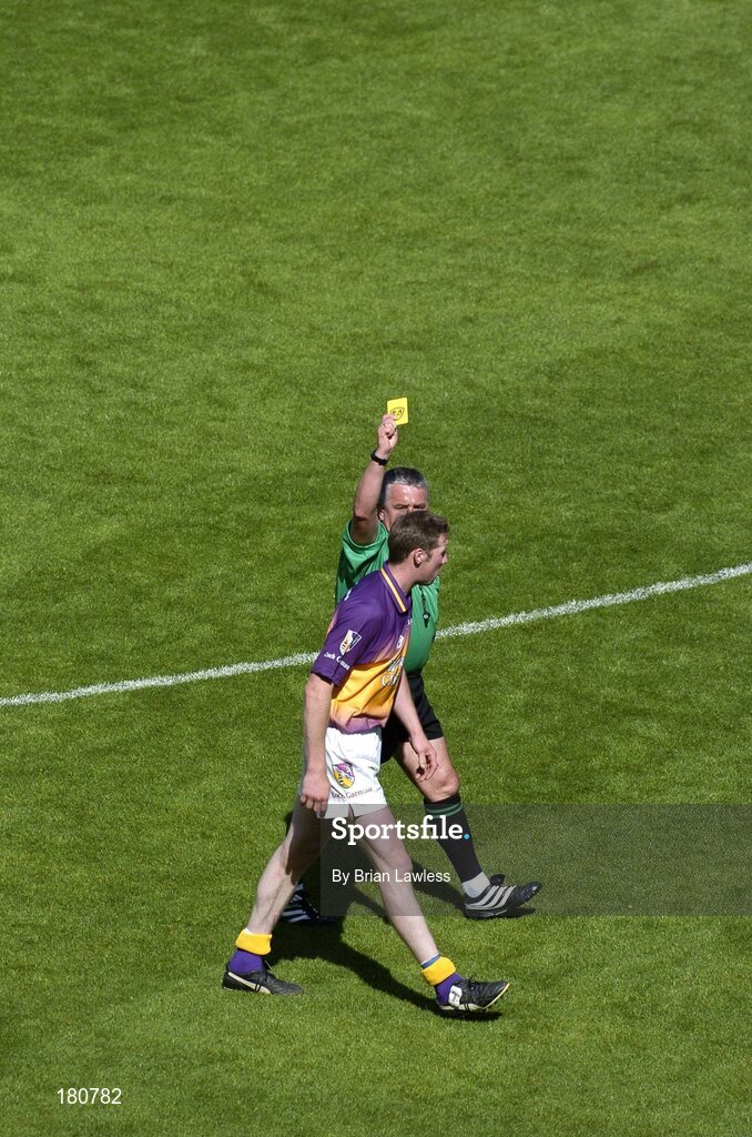 19 June 2005; Wexford's Nicky Lambert is shown the yellow card by referee Brian Crowe. Bank of Ireland Leinster Senior Football Championship Semi-Final, Dublin v Wexford, Croke Park, Dublin. Picture credit; Brian Lawless / SPORTSFILE