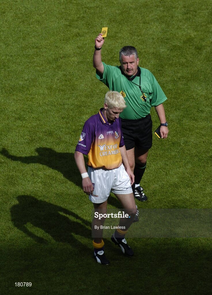 19 June 2005; Wexford's Redmond Barry is shown the yellow card by referee Brian Crowe. Bank of Ireland Leinster Senior Football Championship Semi-Final, Dublin v Wexford, Croke Park, Dublin. Picture credit; Brian Lawless / SPORTSFILE