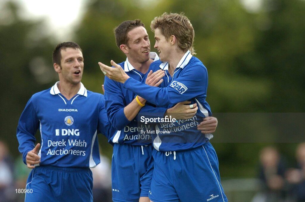 24 June 2005; Steve Yelverton, right, Waterford United, is congratulated by team-mates Colm Heffernan and Willie Bruton after his goal against Shelbourne. eircom League, Premier Division, Waterford United v Shelbourne, Waterford RSC, Waterford. Picture credit; Matt Browne / SPORTSFILE