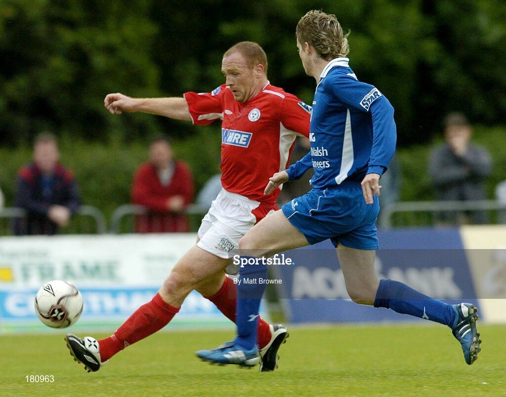 24 June 2005; Glen Crowe, Shelbourne, in action against Steve Yelverton, Waterford United. eircom League, Premier Division, Waterford United v Shelbourne, Waterford RSC, Waterford. Picture credit; Matt Browne / SPORTSFILE