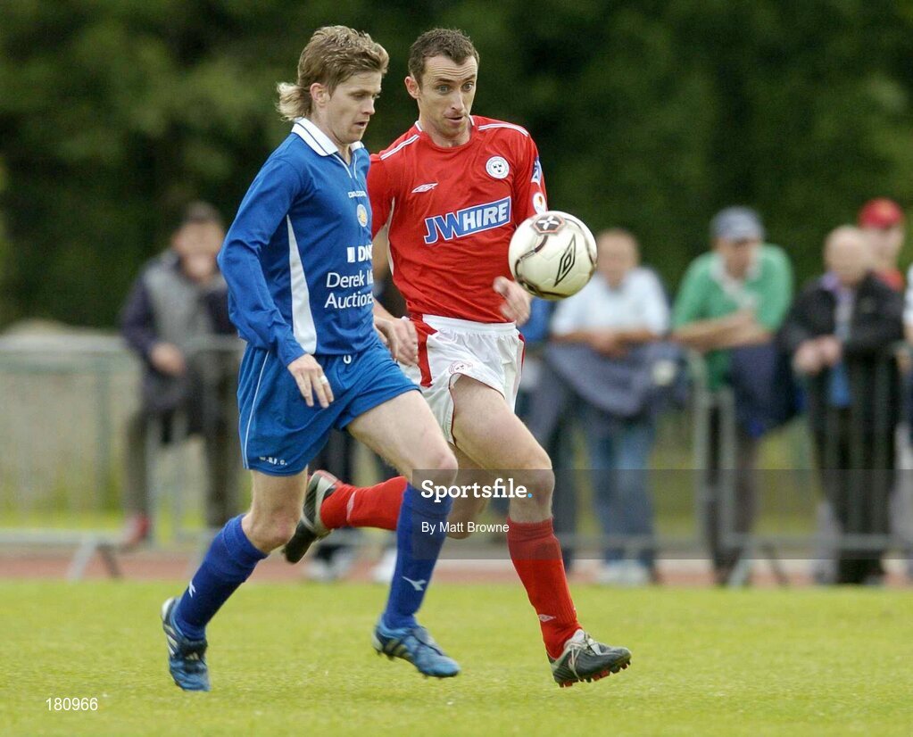 24 June 2005; Steve Yelverton, Waterford United, in action against Ollie Cahill, Shelbourne. eircom League, Premier Division, Waterford United v Shelbourne, Waterford RSC, Waterford. Picture credit; Matt Browne / SPORTSFILE